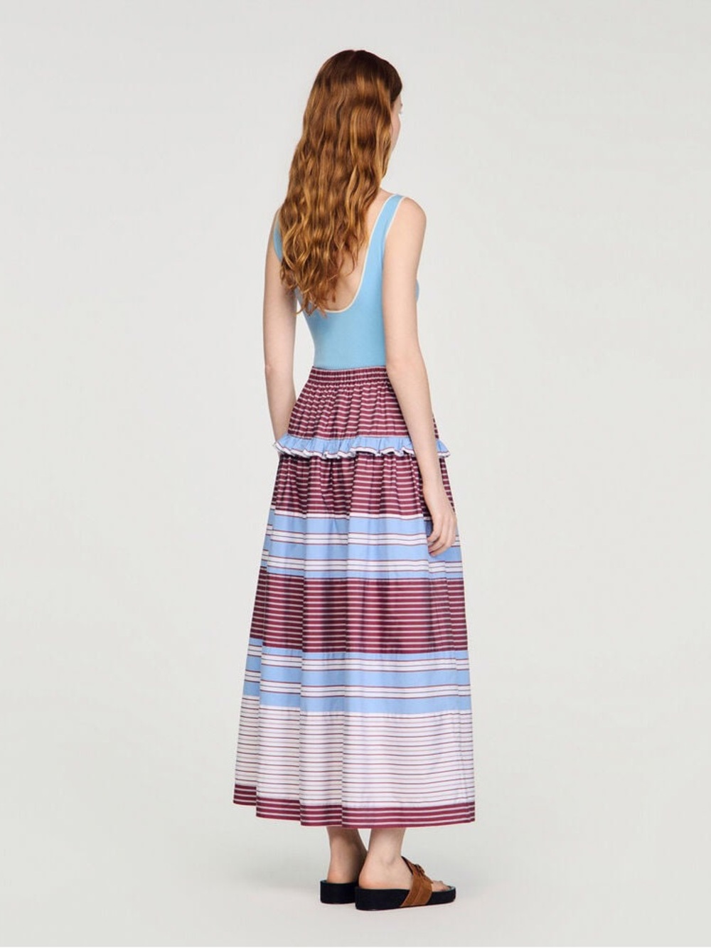Sandro- Striped Tiered Maxi Skirt in Blue and Burgundy